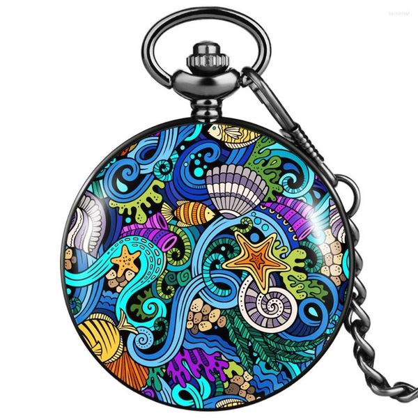 Relojes de bolsillo recuerdo personalizado ocio hombres mujeres reloj de cuarzo con cadena gruesa océano mundo patrón único regalo Unisex para amigo