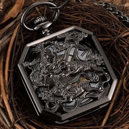 Montres De Poche Carré De Luxe Noir Montre Mécanique Hommes Chanceux Chinois Kirin Tiger Chine Animal Brave Symbole Mâle Pendentif Chaîne Fob Horloge