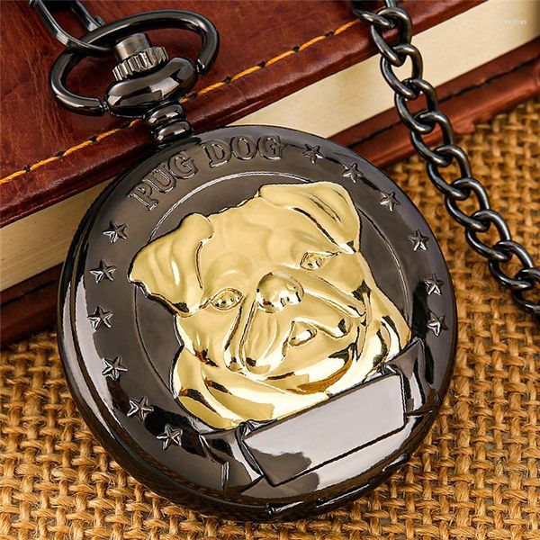 Montres de poche Steampunk noir gravé Golden Pug Dog Design numéro romain affichage montre à quartz pour hommes femmes longue chaîne montre cadeau