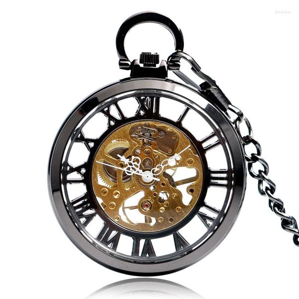 Relojes de bolsillo Steampunk Negro Esqueleto Números romanos Ver a través del reloj Mecánico Mano Viento Fob Reloj con cadena Unisex Regalo de Navidad