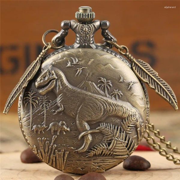 Relojes de bolsillo Steampunk Bronce Patrón de dinosaurio Hombres Mujeres Reloj de cuarzo Número árabe Reloj Collar Cadena con colgante Hoja Reloj