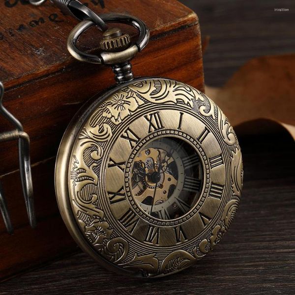 Relojes de bolsillo Steampunk cuerda a mano reloj mecánico sin batería Vintage hueco romano esqueleto Fob cadena colgante Flip reloj