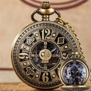 Relojes de bolsillo Steampunk Hollow Out Skull Case Hombres Mujeres Retro Pirata Reloj analógico de cuarzo Diseño de póquer Collar Colgante Reloj de cadena