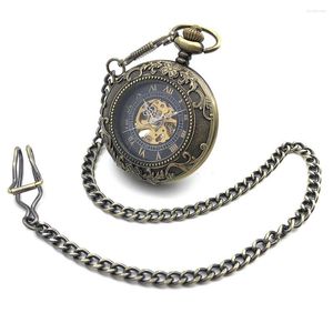 Montres de poche Steampunk Mécanique Main Vent Hommes Bronze Ton Squelette Cadran Transparent Rétro Fob Montre W/Chaîne Cadeau