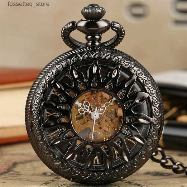 Relojes de bolsillo Steampunk Retro Hollow Sun Negro/Oro/Bronce Manual Bolsillo mecánico Hombres Plata/Oro rosa Reloj de bolsillo con colgante automático L240322