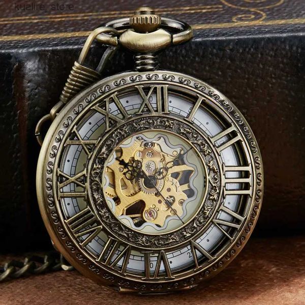 Montres de poche steampunk squelette mécanique poche hommes femmes antique collier de marque de luxe pochette fob es chain mâle horloge féminine l240402