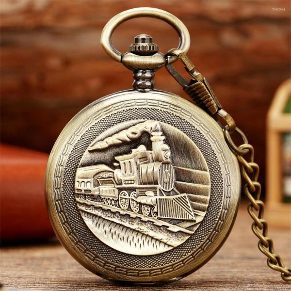 Relojes de bolsillo Steampunk tren Vintage hombres reloj números romanos mecánico mano-viento exquisito bronce/plata doble Retro