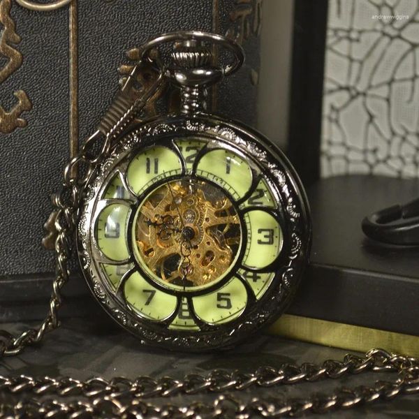 Relojes de bolsillo TIEDAN Steampunk lujo antiguo esqueleto luminoso reloj mecánico hombres cadena collar negocios Casual Fob