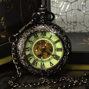 Pocket horloges tiedan steampunk skelet mechanische mannen antieke ketting automatische fob horlogeketen