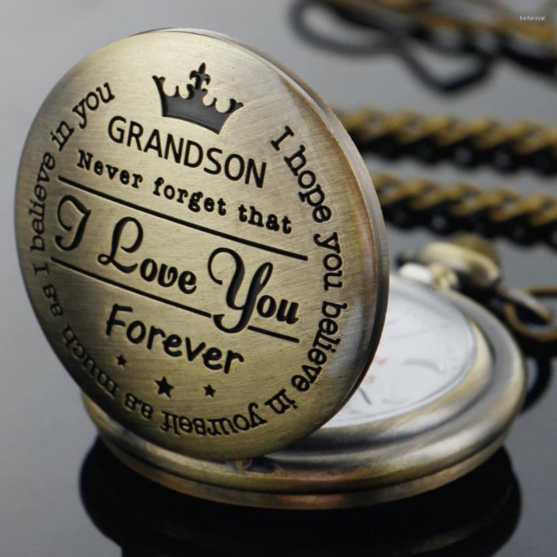 Pocket Watches To My Grandson Retro Bronze Quartz Watch Pendant Necklace Chain Gift FOB Clock For Men
