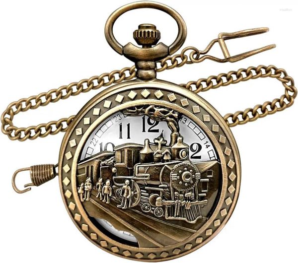 Relojes de bolsillo Top Fashion Vintage Bronze Steam Train Womens Mens Kids Quartz Resaje con cadena