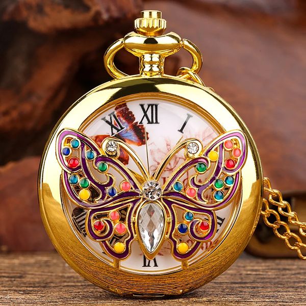 Relojes de bolsillo Top Luxury Gold Butterfly Crystal Diamondencrusted Reloj de cuarzo Elegante Mujer Retro Fob Cadena Reloj Charm Colgante 231216