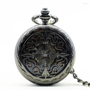 Montres de poche traditionnelles chinoises, montre mécanique noire rétro Steampunk chaîne collier pendentif accessoires horloge cadeau