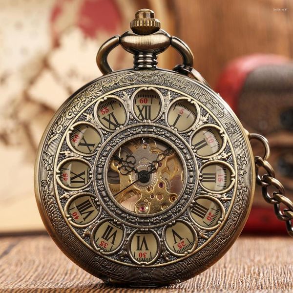 Relojes de bolsillo transparentes con números romanos huecos, reloj mecánico con pantalla, cuerda manual, reloj de cadena colgante Vintage de lujo, regalo para hombre