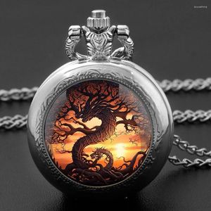 Montres de poche arbre de dragon vintage quartz watch fomes hommes mèches collout dôme unique pendentif en argent en argent accessoires cadeaux