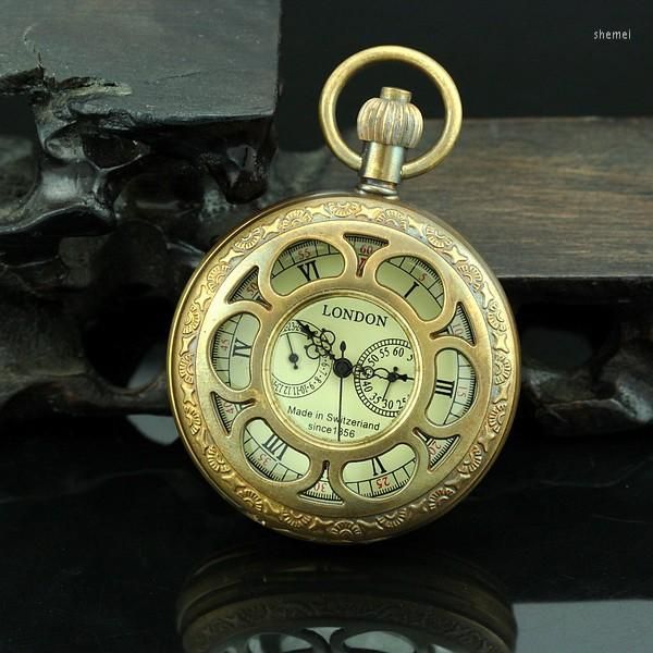 Relojes de bolsillo Dos subesferas Reloj mecánico Cuerda manual Bronce Cobre Esqueleto Volver FOB Cadena Vintage Retro Número romano Reloj