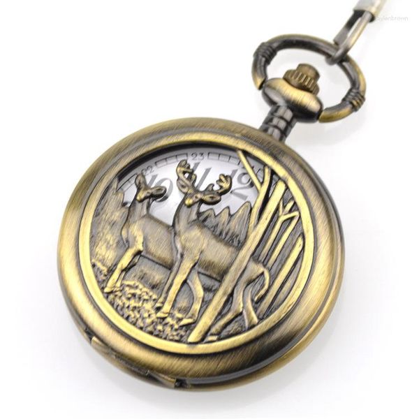 Montres de poche Unique Retro Bronze Deer Design Quartz Watch Avec FOB Chain Mens Womens Gifts