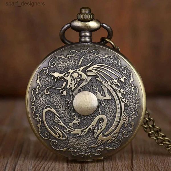 Relojes de bolsillo Sheampunk Antique Fiery Dragon Fire Quartz Collar colgante de bolsillo con cadena Regalo blanco Dial Y240410