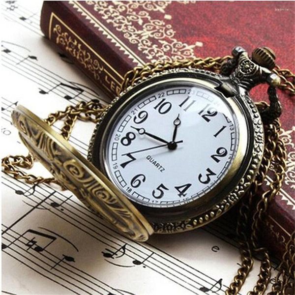 Relojes de bolsillo unisex caja antigua vintage latón costilla cadena tren patrón reloj de cuarzo