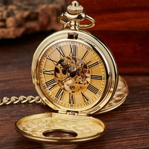 Pocket Watches Vintage 2 Sides Open Case Mechanical Men's Watch Double Face Roman Dial Clock Hand Wind Pocket Watch With FOB Chain Gift 230214