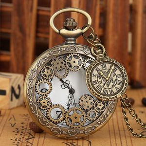 Pocket Watches Vintage Antique Copper Steampunk Bronze Hollow Gear Quartz Pocket Watch Necklace Pendant Clock Chain Men Women with Accessory 230619