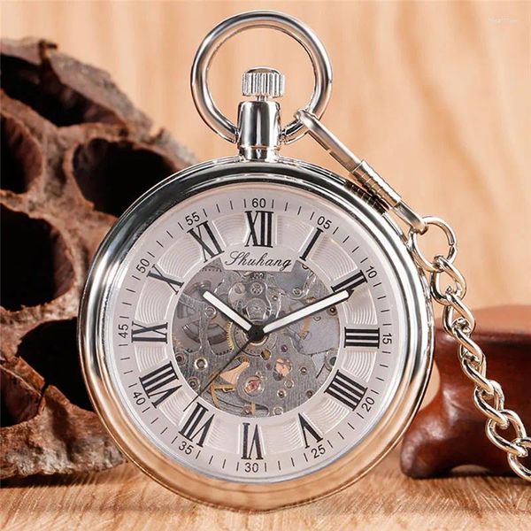 Relojes de bolsillo Reloj de cara abierta antiguo vintage Unisex Mecánico automático con manecillas luminosas Diseño de números romanos Cadena colgante