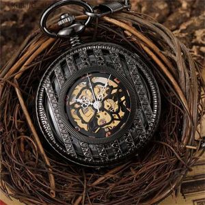 Pocket Watches Vintage Black Hollow Skeleton Mechanical Pocket Men Steampuk Hand Wind Pendant Clock Chain Arabische cijfers Kies voor geschenk L240402