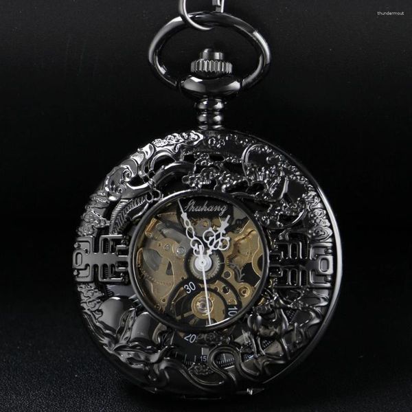 Montres de poche Vintage noires, squelette creux, montre mécanique pour hommes, chaîne Fob en acier, Sculpture animale exquise, cadeau pour femmes