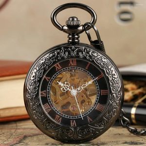 Pocket Watches Vintage Black Manual Watch met doos Rose Gold Romeinse cijfers Dial Fob Chain Time Weergave Gift Men