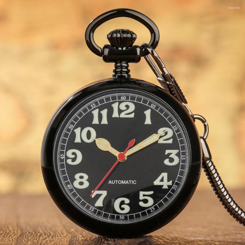 Relógios de bolso vintage preto masculino relógio mecânico automático luminoso algarismos árabes analógico aberto face dial pingente relógio fob corrente presente