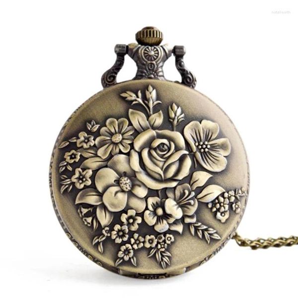 Montres de poche Vintage fleur fleurie montre à Quartz Bronze pendentif horloge affichage numérique dames collier chaîne Bracelet