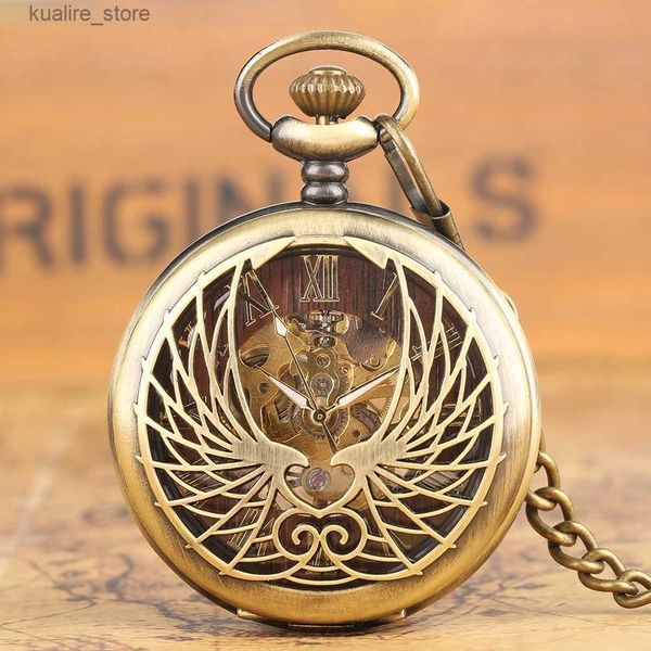 Montres de poche Bronze vintage / Black Heart Wings Hollow Design Mens MECANICAL POCKING Roman Digital Digne Manual Pendant FOB PENDANT L240402