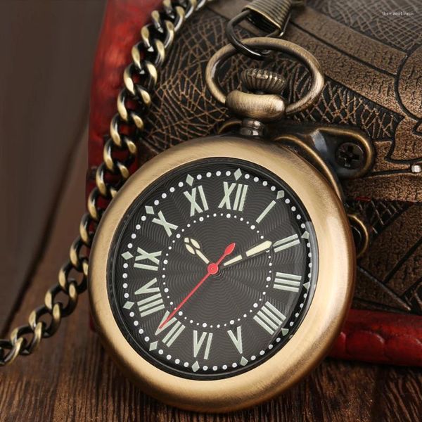 Relojes de bolsillo Vintage bronce/Negro liso abierto reloj analógico de cuarzo para hombres luminoso números romanos Dial reloj antiguo regalo