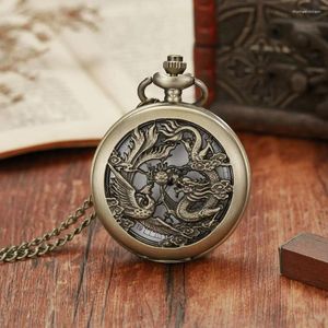 Montres de poche Vintage en Bronze, Style chinois, Design Dragon, montre à Quartz avec collier et chaîne, cadeau 2023