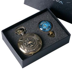 Pocket Watches Vintage Bronze Fire Fighter Control Quartz Herenhorloge Hangketting Geschenkdoos Set Kerstverjaardagsgeschenken