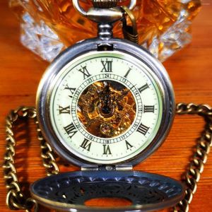 Montres de poche Vintage Bronze Gold Skeleton Watch For Men Numéro romain Cadran blanc Top Fob Casual Steel Sold Clock