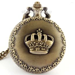 Montres de poche Vintage Bronze Royal en relief couronne motif montre à quartz pendentif à clapet pull chaîne collier cadeaux pour hommes femmes