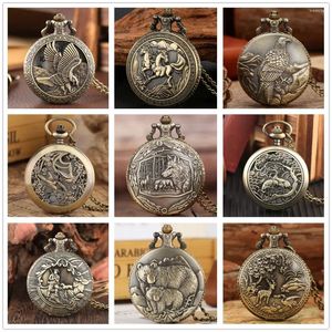 Montres de poche Vintage en Bronze, motif Animal sauvage, collier loup/aigle/cerf/ours/cheval/oiseaux, horloge à Quartz rétro élégante