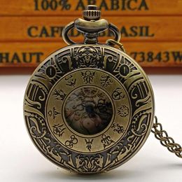 Pocket Watches Vintage Bronce Zodiac Tema Piedra Golden Roman Romano Inglés Reloj colección de regalos de joyería colgante
