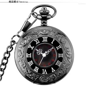 Pocket Watches Vintage Charm Black Fashion Roman Number Quartz Steampunk Watch Women Man ketting hanger met chainpocket