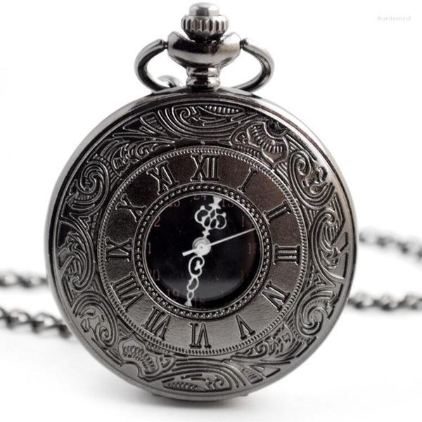 Zakhorloges Vintage Charm Zwart Unisex Mode Romeins Aantal Quartz Steampunk Horloge Dames Man Ketting Hanger Met Ketting Geschenken Thun22