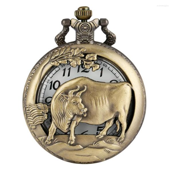 Montres de poche Vintage zodiaque chinois vache montre à Quartz demi pendentif collier Fob chaîne Antique Collection horloge unisexe