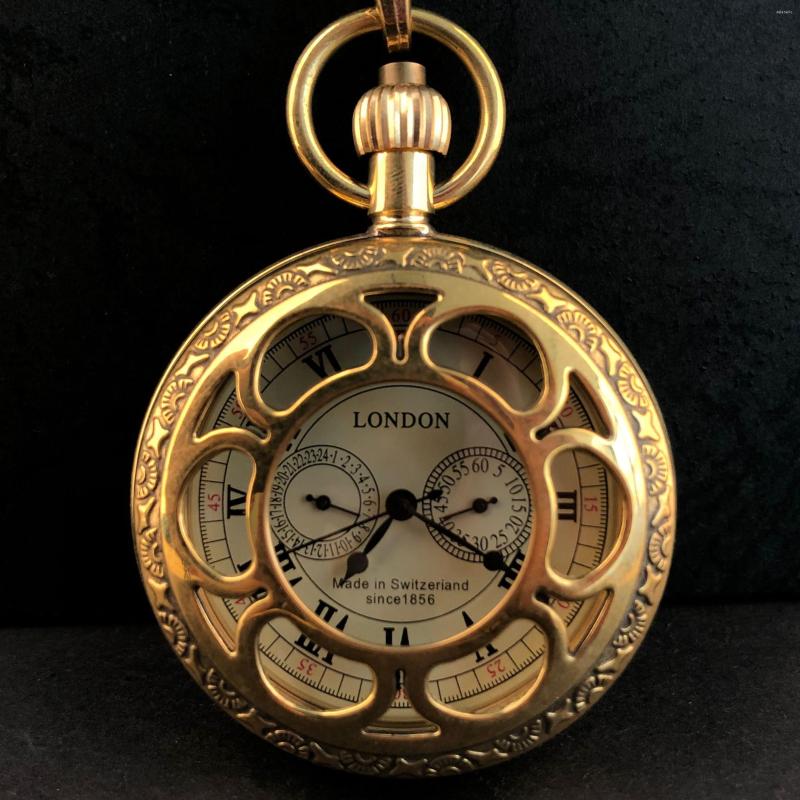 Pocket Saatler Vintage Bakır Londra 1856'nın Antika Eller Mekanik Fob El Sarım İskelet Erkekleri Saat 30cm Zincir