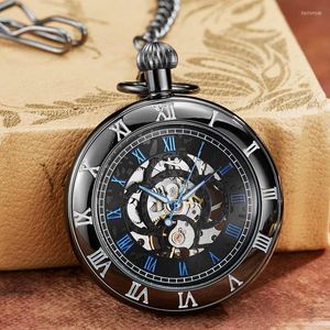 Pocket horloges vintage kronen ontwerp gesneden nummer wijzerplaat zwart mechanisch horloge heren ketting unieke holle steampunk klok