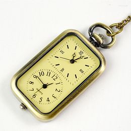 Zakhorloges Vintage Dual 2 Dial Quartz Horloge Voor Mannen Vrouwen Rechthoek Fob Ketting Bronzen Hanger Ketting Klok Collectie Gift