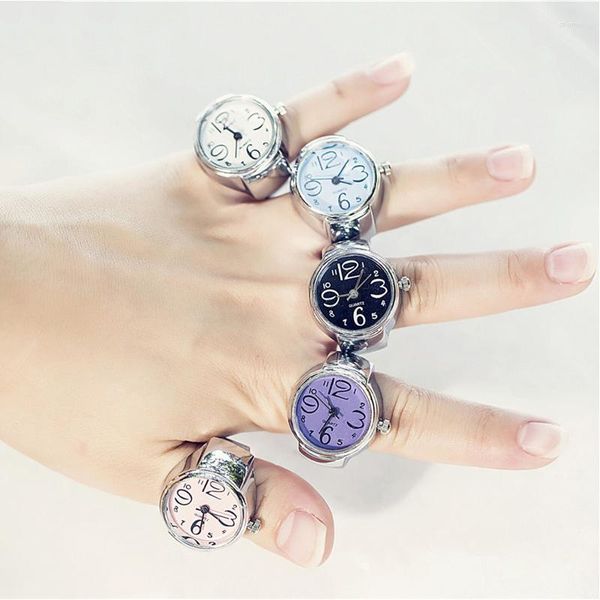 Relojes de bolsillo, reloj de dedo Vintage, Mini correa elástica pequeña, anillos femeninos de aleación, reloj de joyería, números romanos, anillo de cuarzo para mujer