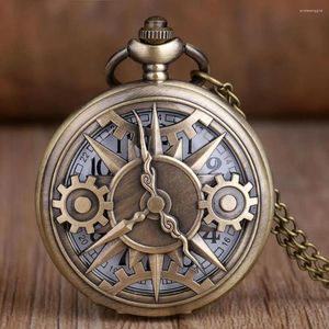 Zakhorloges Vintage GEAR Prachtige klassieke bronzen gegraveerde quartz horloge Rotro ketting ketting hanger cadeau voor mannen