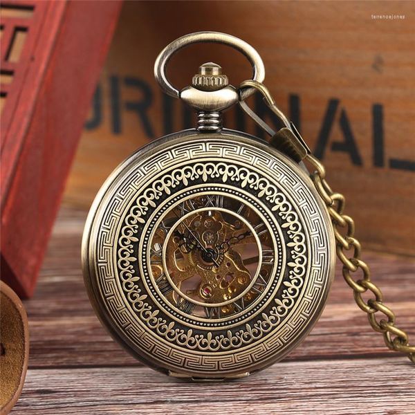 Relojes de bolsillo Vintage medio Unisex cuerda manual reloj mecánico números romanos hueco bronce colgante reloj cadena FOB