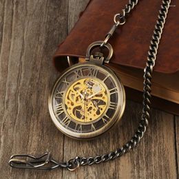 Montres de poche Vintage creux chiffres romains manuel montre mécanique hommes pendentif Transparent squelette acier main remontage horloge homme