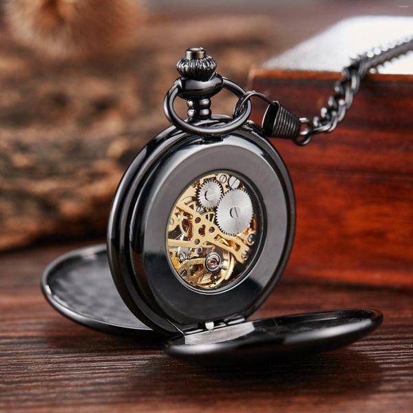 Montres de poche Vintage luxe noir métal mécanique montre Steampunk broche chaîne hommes femmes pendentif horloge cadeau 2023